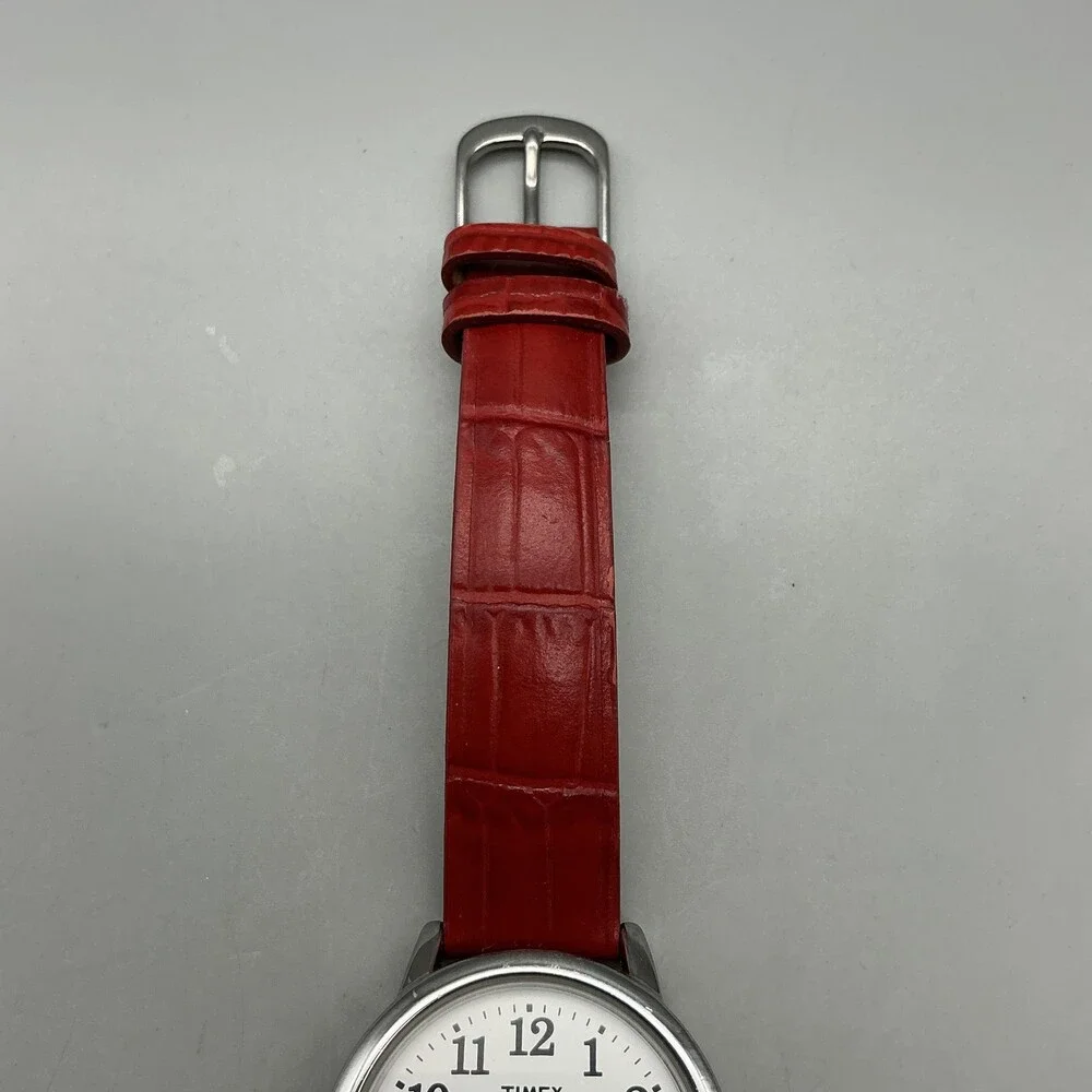 Timex Indiglo WR30M Womens Watch 30mm White Dial Red Leather New Battery